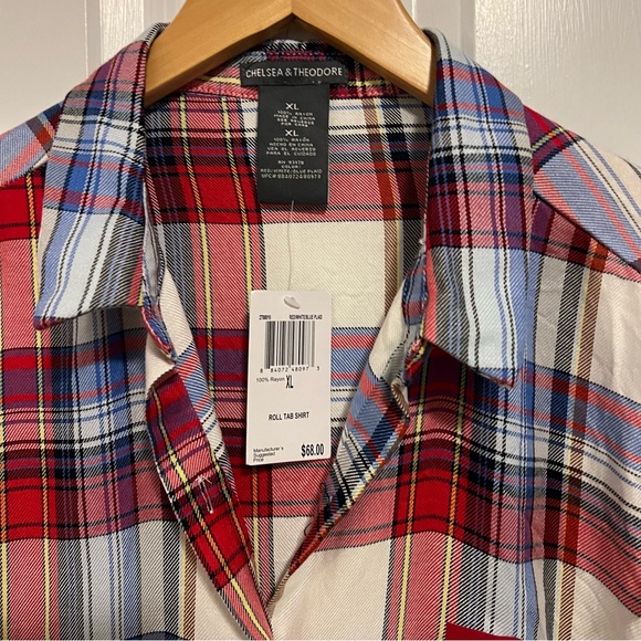 Chelsea & Theodore Red/White/Blue Plaid  Roll Tab Sleeve Size XL NWT - Picture 3 of 7